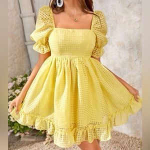 Square Neck Puff Sleeve Ruffle Hem Dress